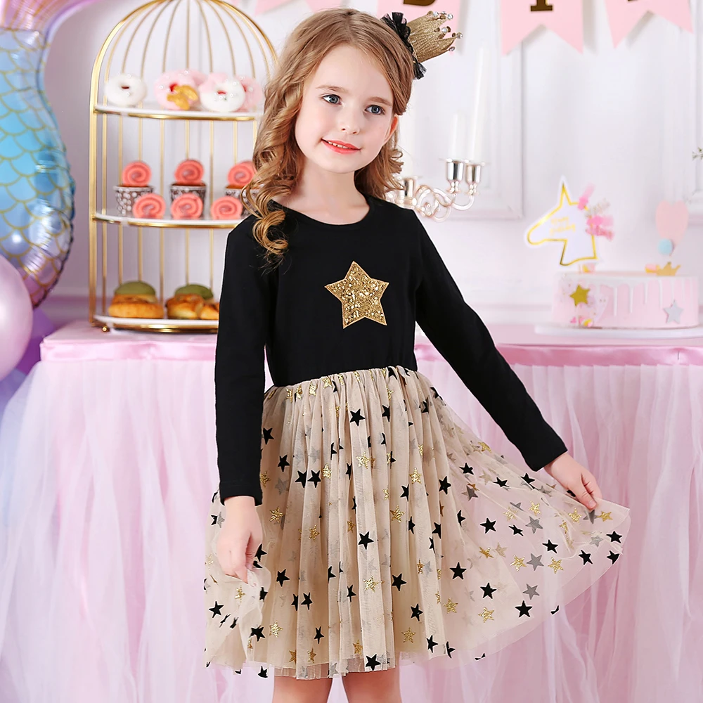 VIKITA Kids Autumn Dresses for Girls Star Sequins Princess Dress Girl Long Sleeve Party Vestidos Girls Dress Children Clothing