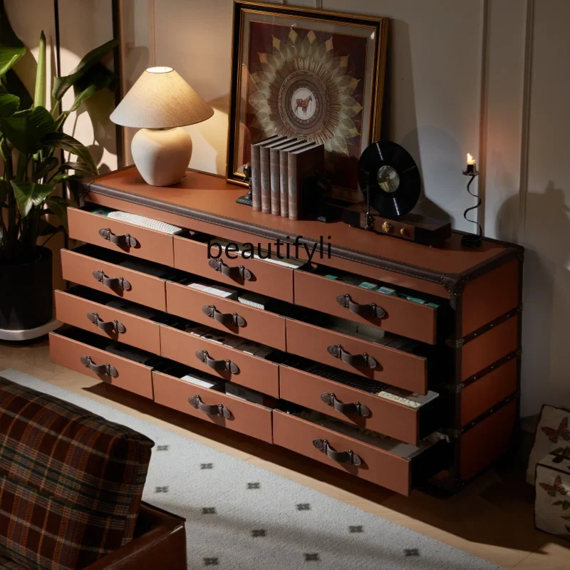 

J185 American retro solid wood chest, living room against the wall, locker, bedroom storage, antique multi-drawer cabinet