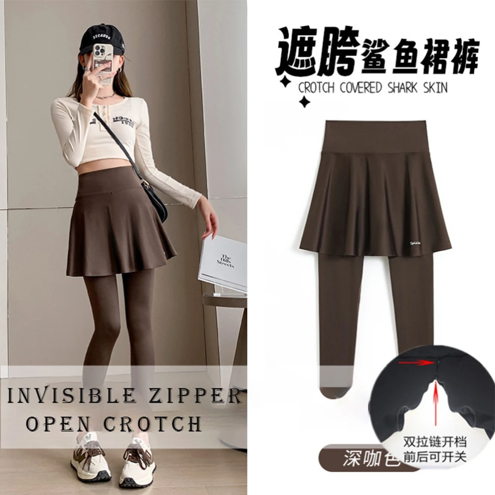 

Invisible Zipper Open Crotch Women Skort Tight Plus Size High Waist Leggings Pants