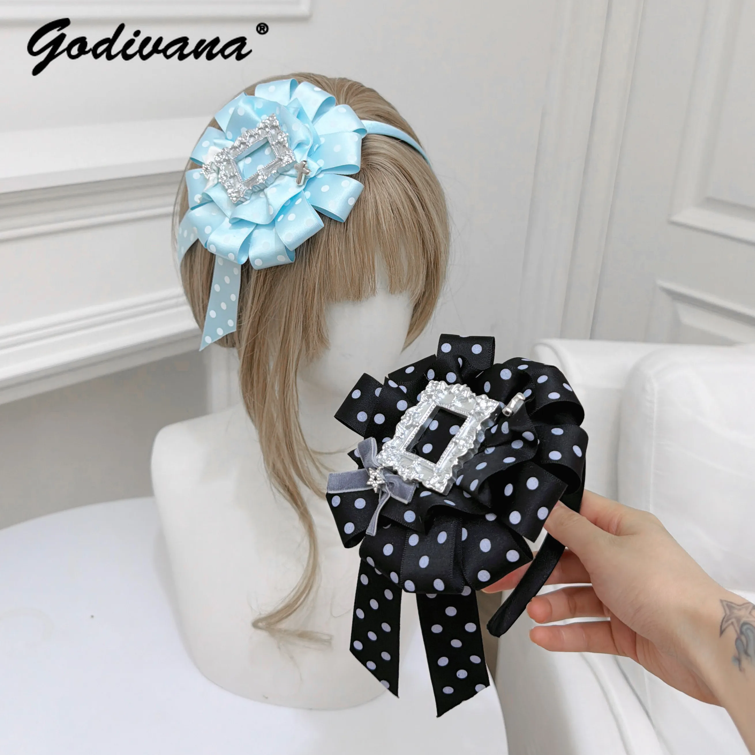 Original Brooch Headband Sweet Cute Female Girls Vintage Hairband with Ribbon Court Style Subculture Polka Dot Hair Accessory
