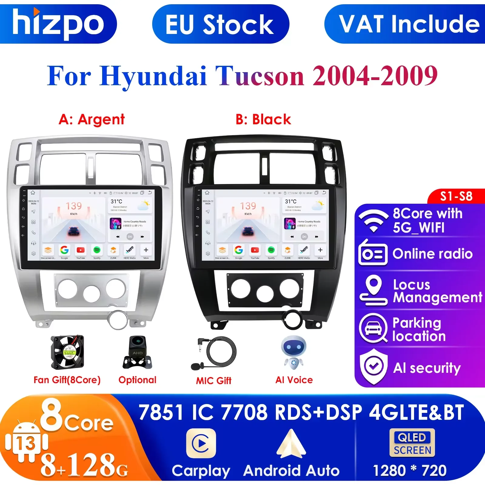 7862 Intelligent Screen 2din Android Car Radio Multimedia Video Player for Hyundai Tucson 2004-2009 GPS Navi Carplay Auto 4G RDS