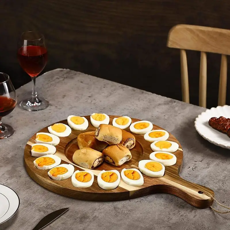 Thanksgiving Deviled Egg Platter Wood Round Tray With Handle Platter Container Reversible Charcuterie Board Egg Plate Serving