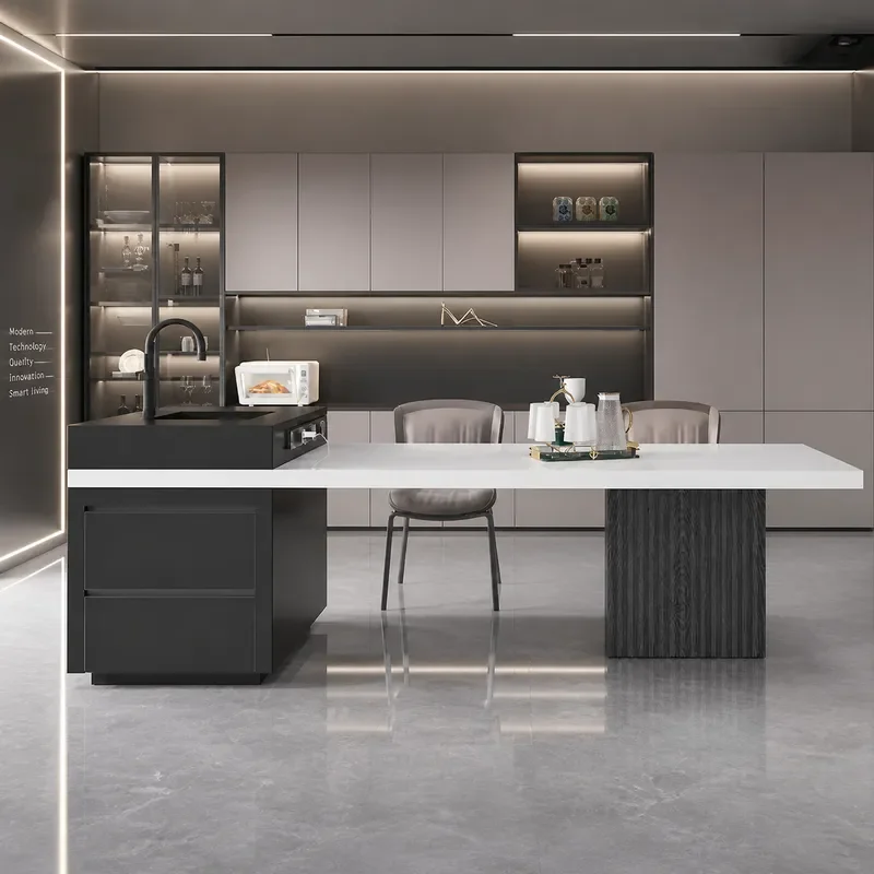 Modern Minimalist Rock Slab Island Dining Table with Integrated Retractable Sink and Induction Cooker Multi Functional Bar