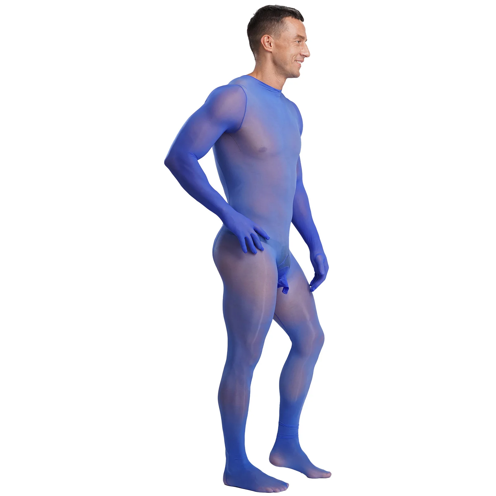

Men Lingerie Stretchy Tearable Full-body Bodysuit Gloved Sleeve Solid Color See Through Body-stockings for Dating Nightwear