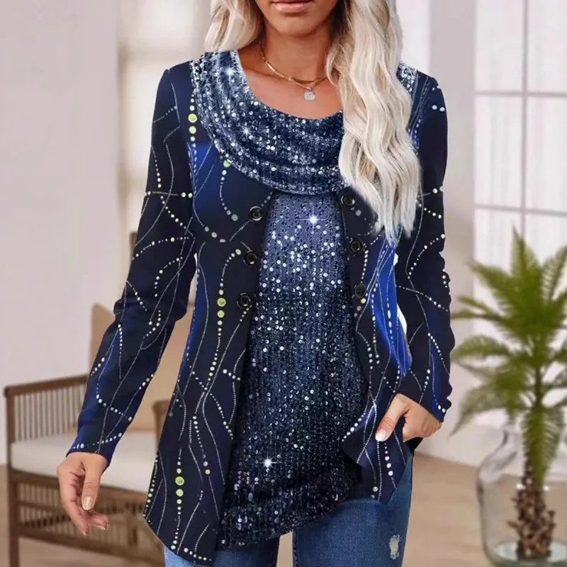 

Independent Station Sequined Patchwork Printed Drop Collar Long-sleeved Fake Two-piece Women's Top