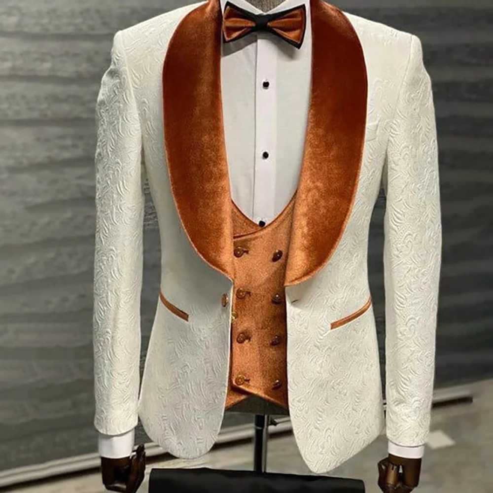 

Ivory Jacquard Velvet Men's 3 Piece(Jacket+Vest+Pant) Suit Set Shawl Lapel Tuxedo Groom Wedding Blazer 2025 Luxury Formal Attire
