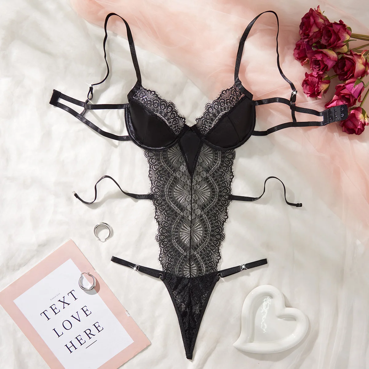 

Lace Hollow Out Pure Desire Jumpsuit Women Perspective Adjustable Lace Up Bodysuits Female Sexy Ultra Thin Tight Fitting Garment