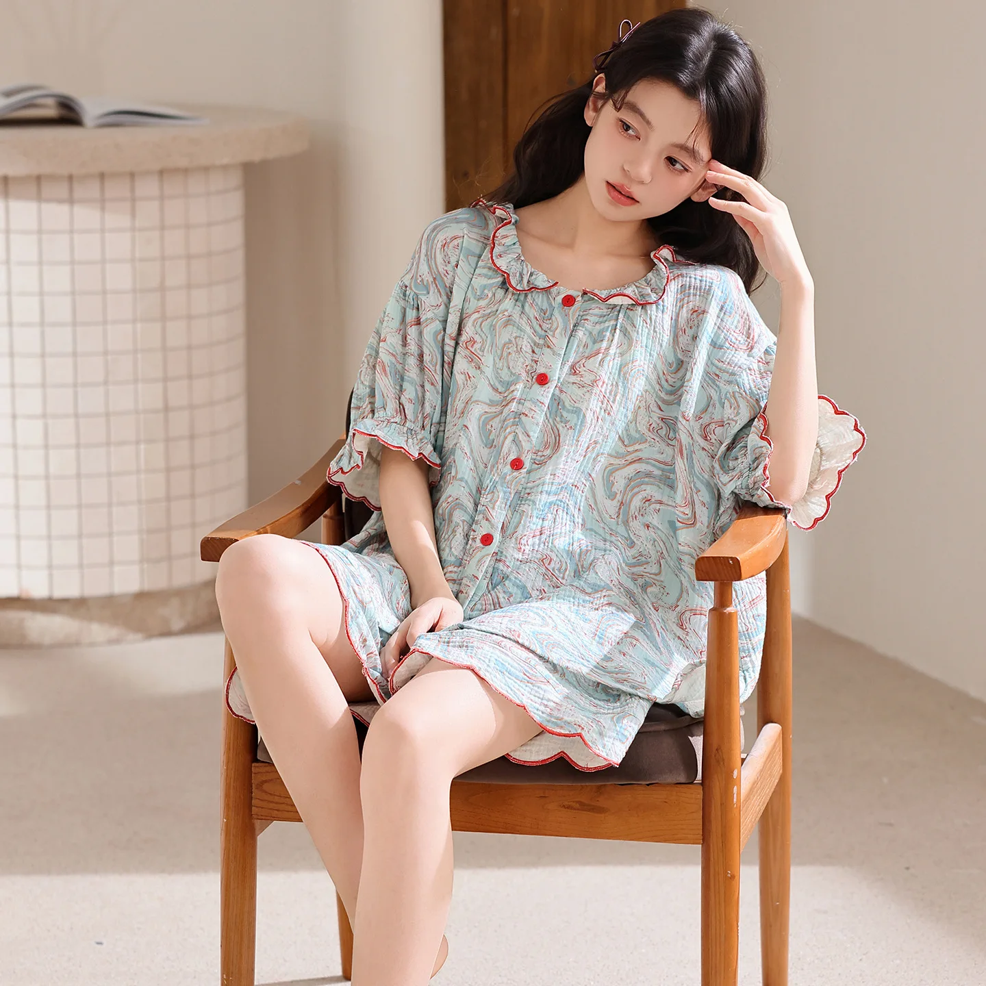 

Sweet Women's Nightwear Summer Cardigan Short Sleeves Sleeping Top Shorts 2Pcs/set Homewear Young Girl Lapel Loungewear Dropship