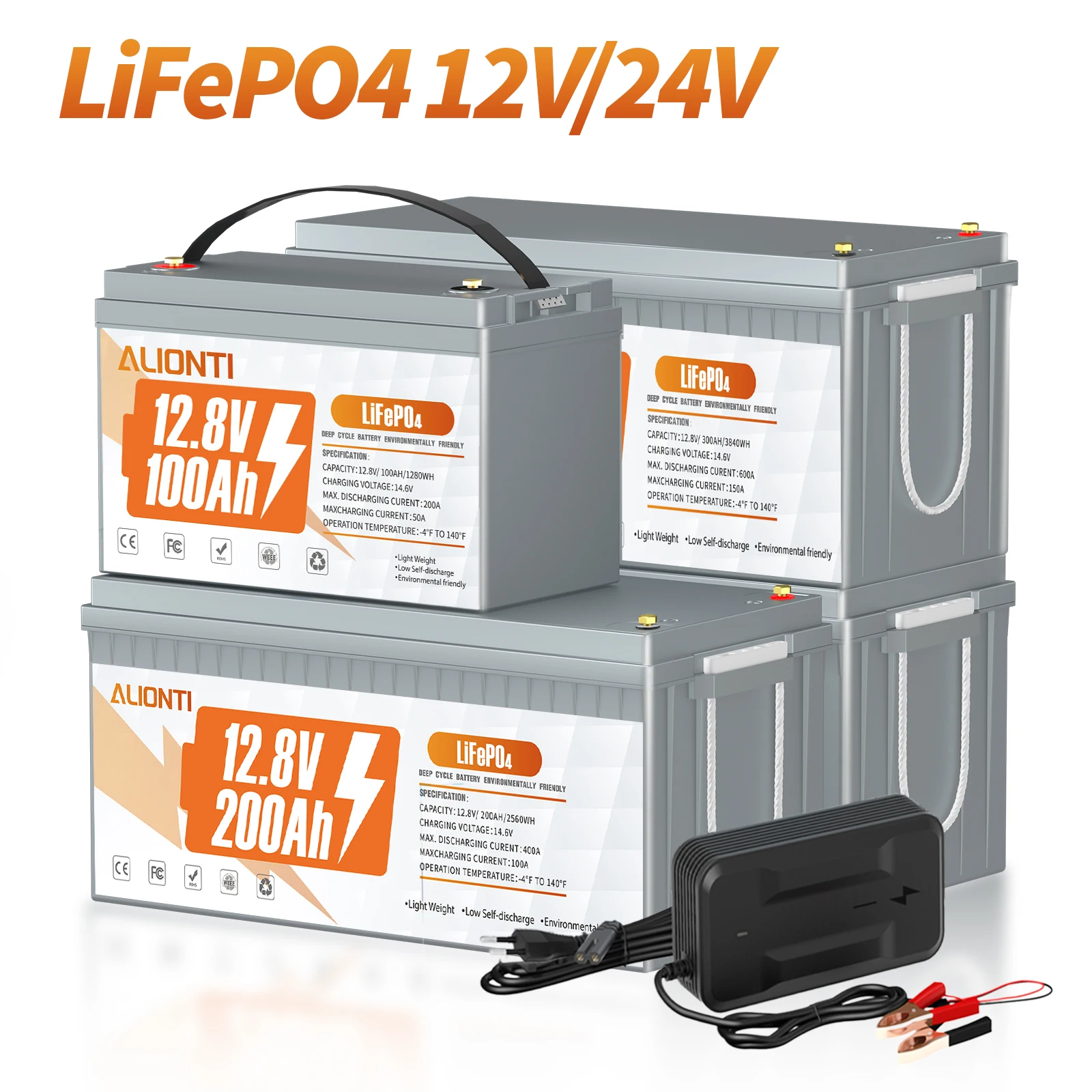 12V 24V LiFePO4 Lithium Battery Builti in BMS 100Ah 200Ah 300Ah Lithium Iron Phosphate Rechargeable Batteries for Golf Cart RV