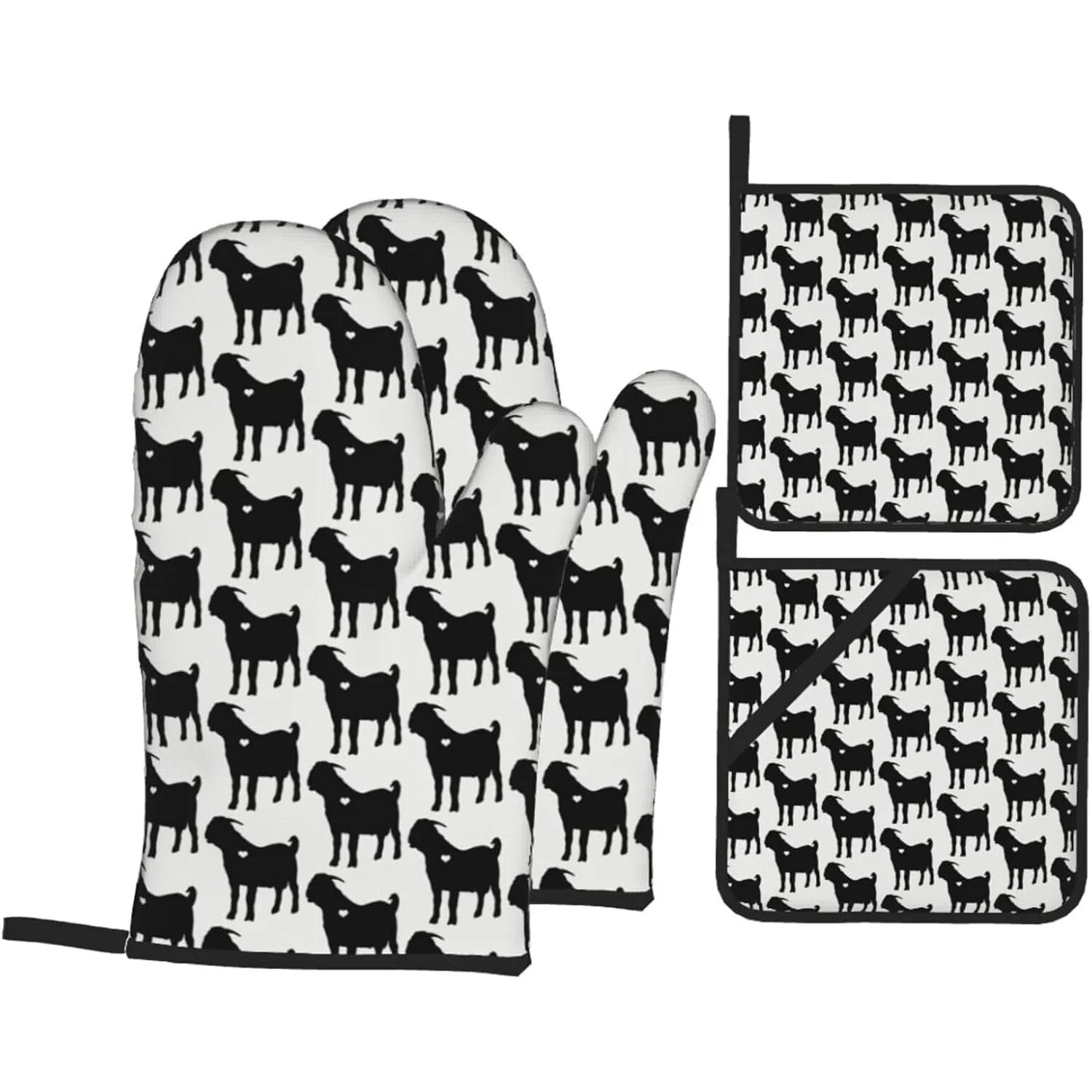 Juego de manoplas para horno y ollas con silueta de cabra Boer, manoplas para parrilla de cocina, juego de 4 piezas para hornear en la cocina de alta resistencia al calor