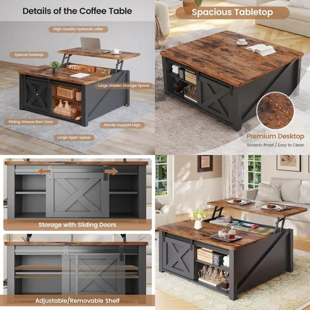 

Modern 31.5 Square Coffee Table with Storage, Living Room Furniture, Black, Featuring Large Hidden Compartment and Adjustable Sh