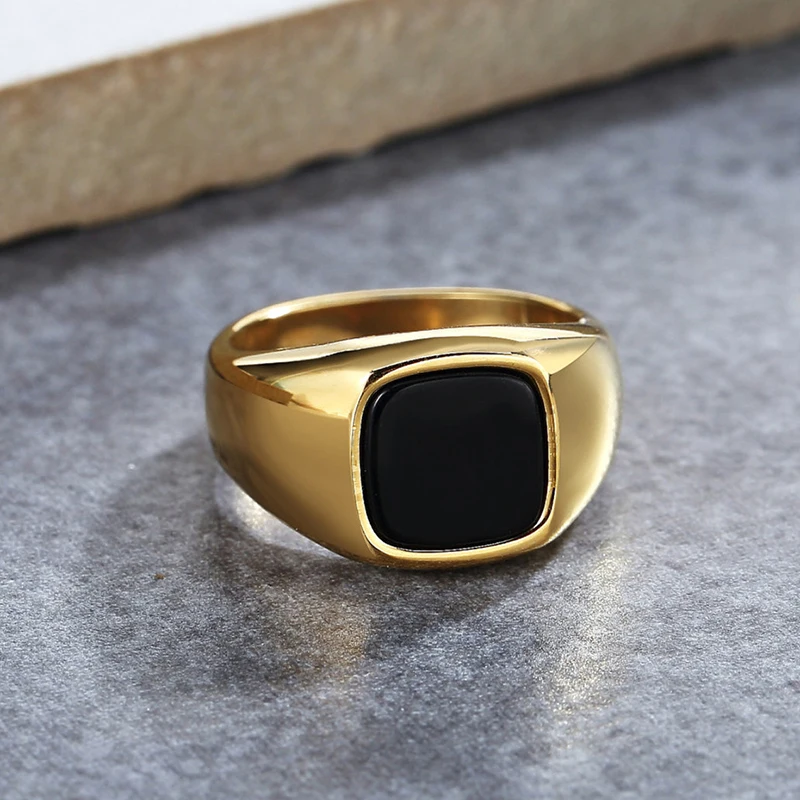 MKENDN Men's Classic Stainless Steel Polished Ring Black Square Zircon Ring Retro Rock Hip Hop Street Party Jewerlry Accessories