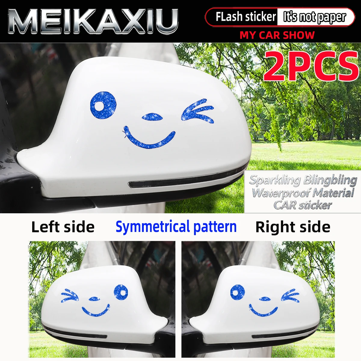 2PCS Waterproof Shiny Bling Bling Cute Smiling Face Rearview Mirror Stickers Car Decoration Women's Fashion Accessory