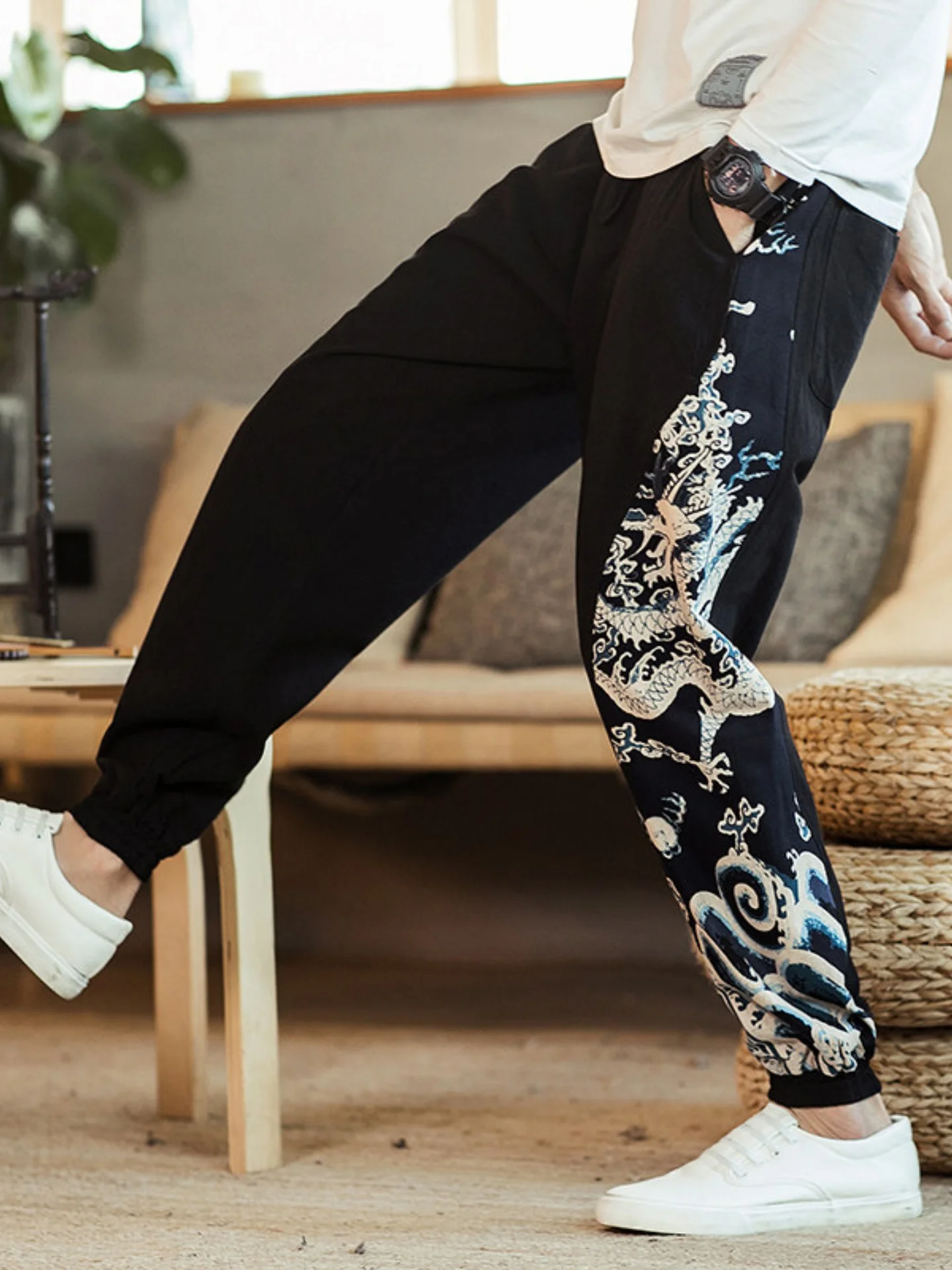 

Trendy Cotton Lin Men's Printed Loose Casual Pants Straight Leg Spring Autumn Long Trousers Harajuku Style Chinese Style