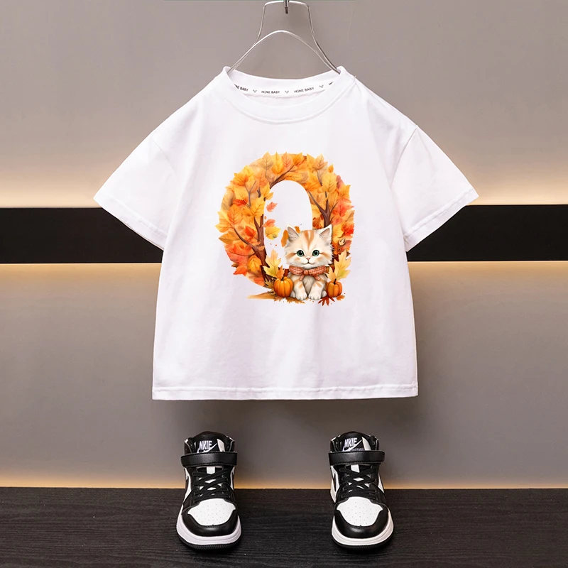 Maple Leaves Letter O Children T-shirt Kawaii Clothes for Girls T Shirt Anime Cartoons Casual Kid Boy Short Sleeve Tops New 2024