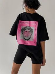 Siyah Baskı Büyük Boy T-shirt Kadınlar için 2024 Yaz Temel Pamuk Tee BF Tarzı O-Boyun kadın kısa kollu tişört Tops Harajuku