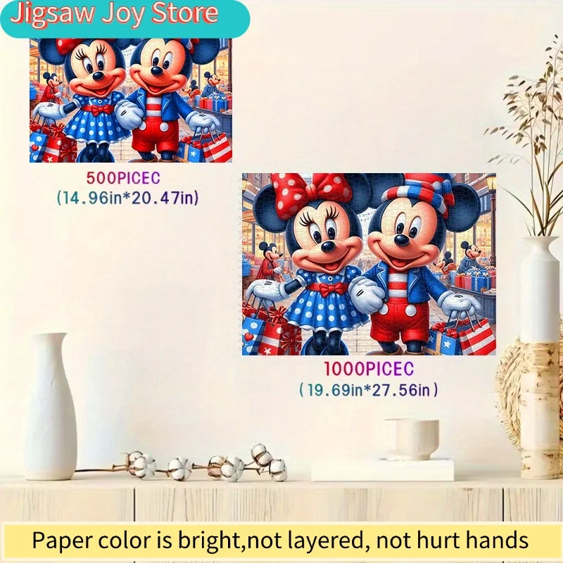 จิ๊กซอว์กระดาษ 500 ชิ้น/ชุด ลายมิกกี้และมินนี่ ช้อปปิ้งสตรีท จับมือกัน ดีไซน์กระดาษแข็งสีขาว หนา ทนทาน ยอดนิยม งานประณีต