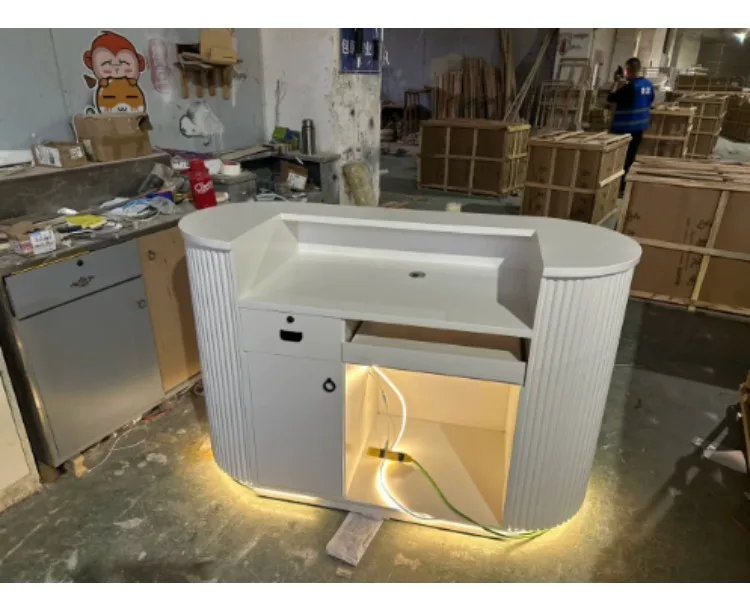 Modern Curved Reception Desk with LED Light Beige Wave Front Desk for Beauty Salon Nail Shop Spa Commercial Furniture