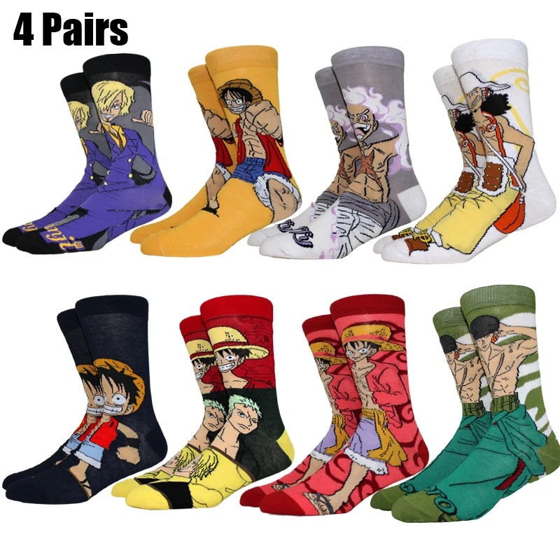 4 Paar Anime-Socken im Angebot ONE PIECE Kniehohe Damen-Cosplay-Socken Persönliche Hip-Hop Harajuku Herren Lustige Socken Größe 36-44