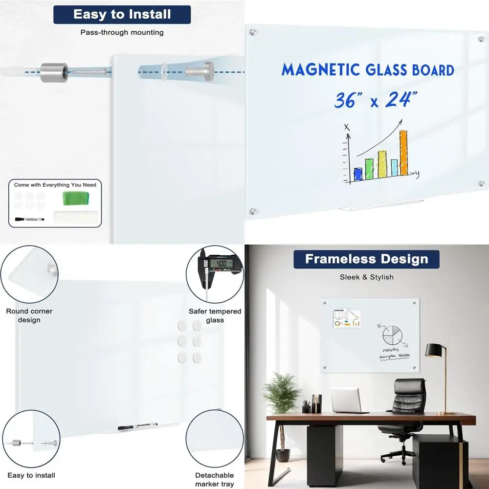 

Frameless Magnetic Whiteboard, 36 x 24 Glass Dry Erase Board, Large Wall-mounted Whiteboard with Marker Tray - Normal White