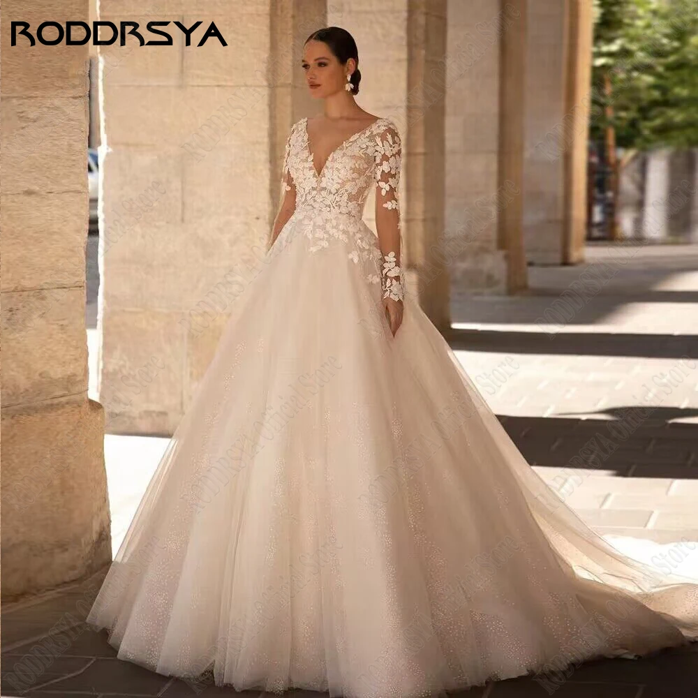 RODDRSYA Exquisite Wedding Dresses Long Sleeves Sexy Backless Bride Gowns Applique Princess Tulle A-Line vestidos de novia