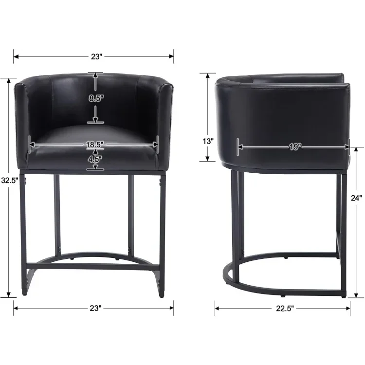 Modern Barrel Counter Height Clearance Bar Stools Set of 4, 24 Inch Kitchen Black Bar Stools with Back, PU Leather Barstools