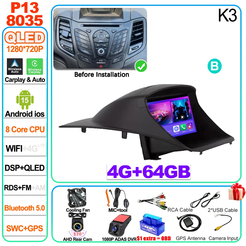 Auto radio Carplay Android 16 voor Ford Fiesta Mk 6 2009 2010 2011 2012 2013 2014 -2018 Radio Multimedia Videospeler Scherm GPS