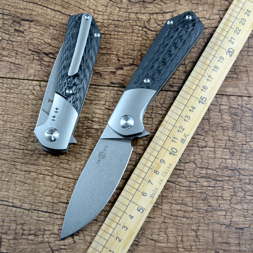 

TwoSun M390 Blade Pocket Knife Titanium Carbon Fiber Handle Flipper Outdoor Hunting Gift TS223
