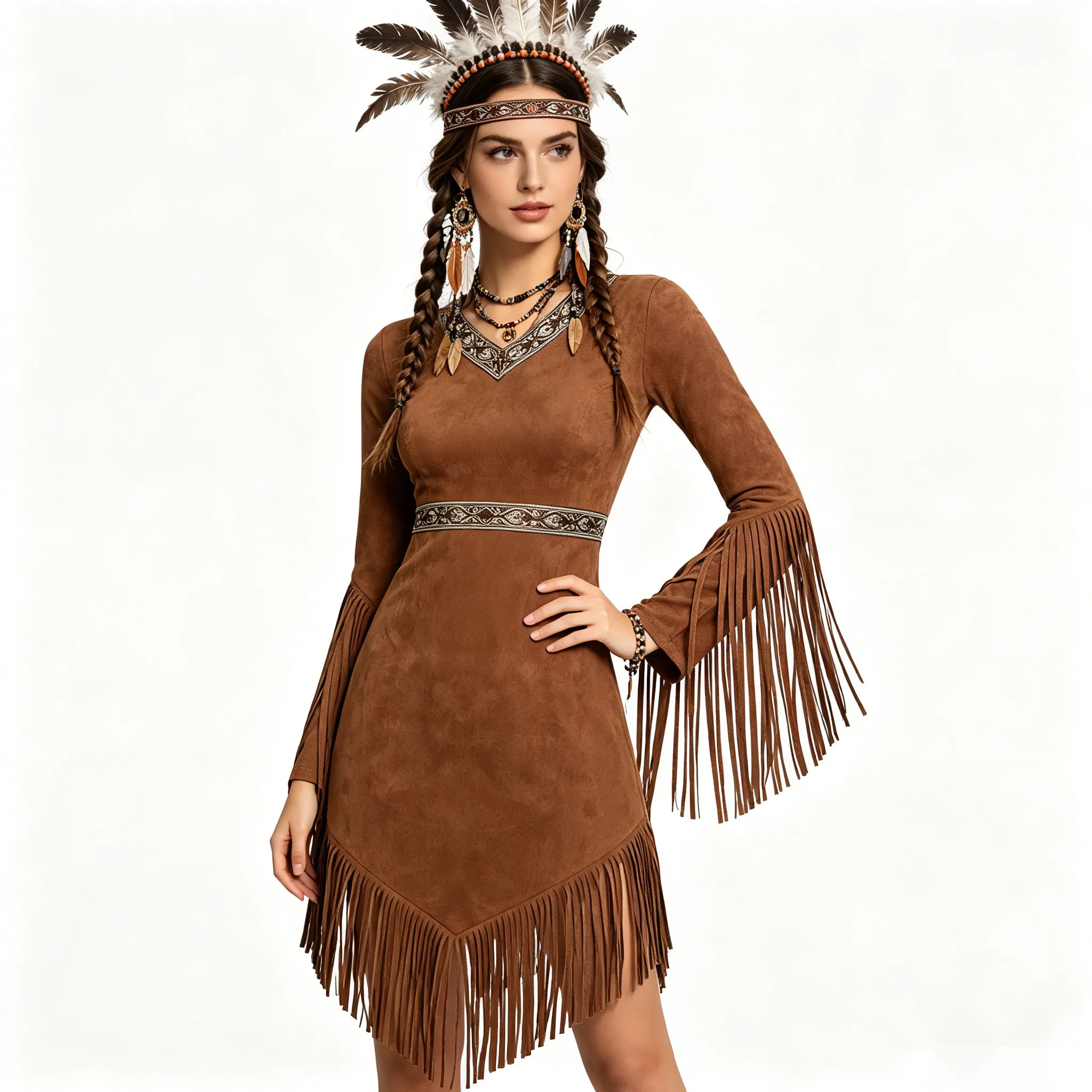 

Women Halloween Native American Indian Maiden Princess Cosplay Dress Long Sleeve Retro Tassel Dresses Primitive Tribe Costume