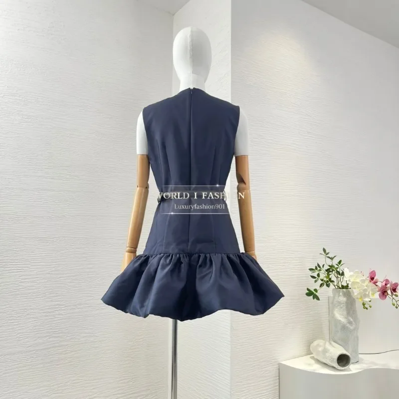2025 New Navy Blue Sleeveless Pocket Patchwork Floral Bud Mini Dress