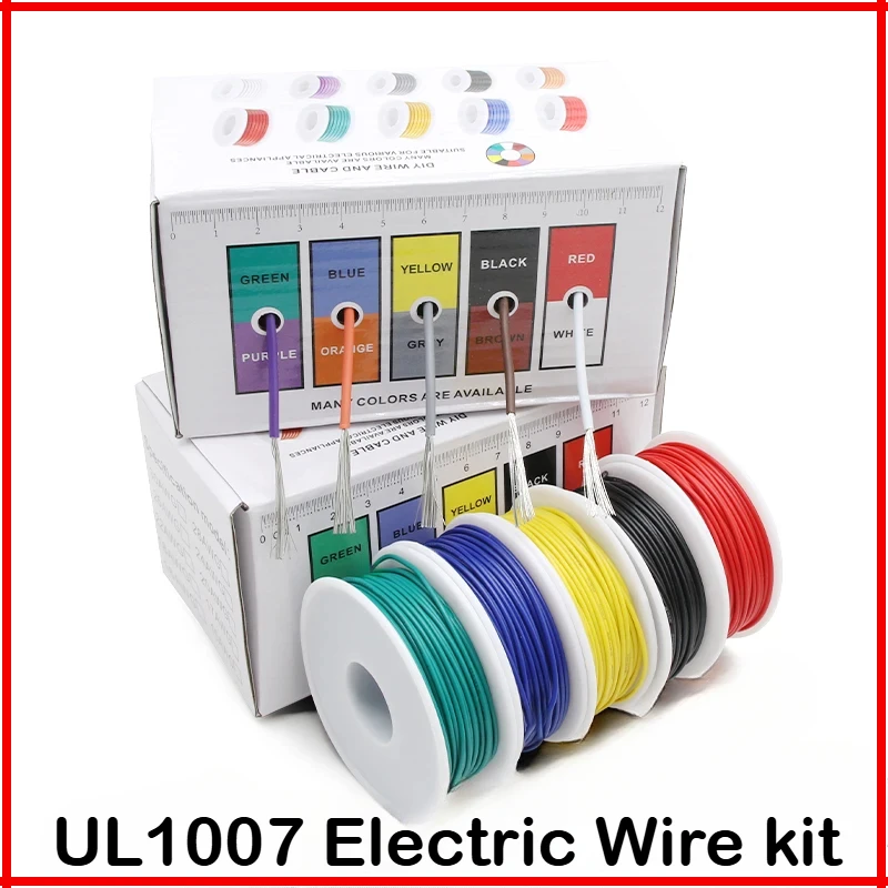 UL1007 Wire PVC Insulation Tinned Copper Cable （5 Colors Mix Kit）30/28/26/24/22/20/18/16 AWG Stranded Electrical Line PCB Wire