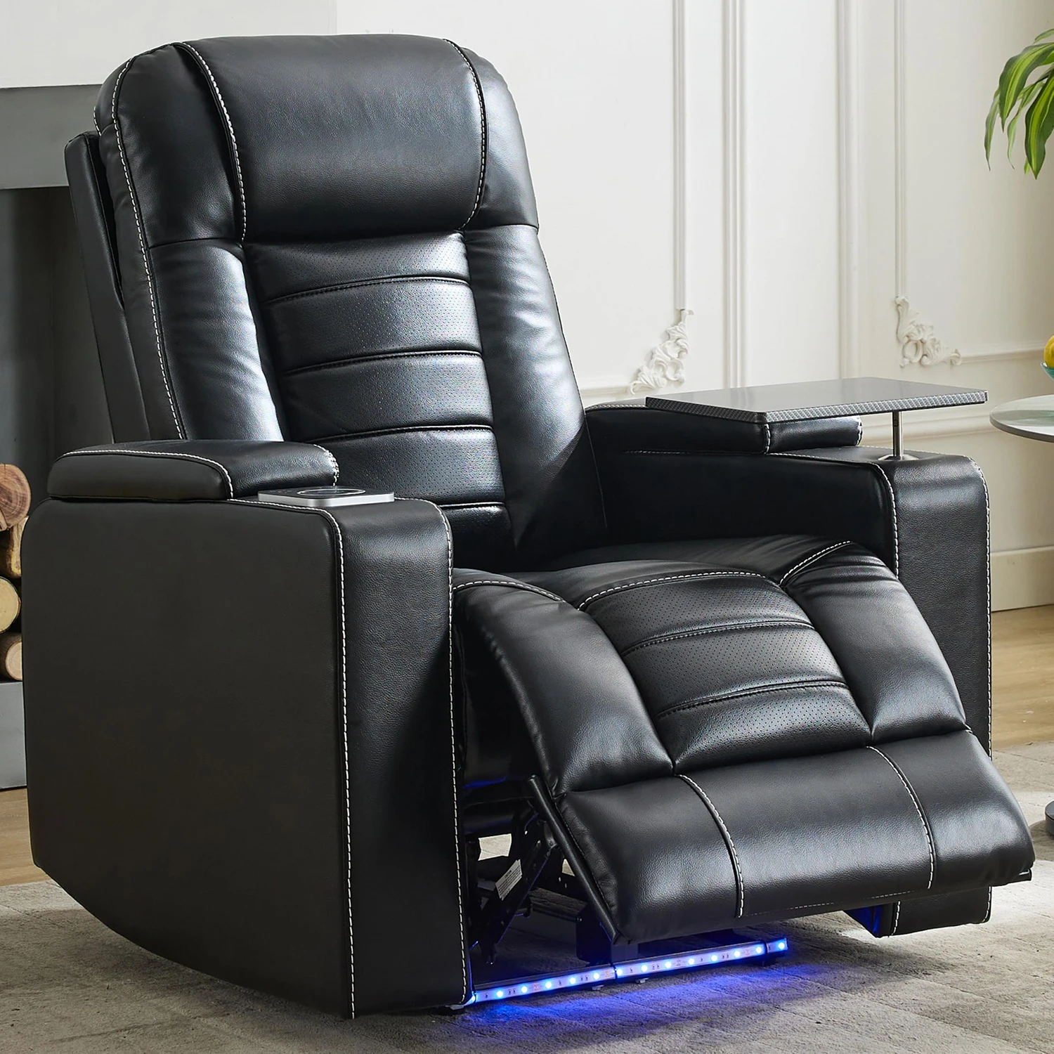 Power Recliner Chair with Adjustable Headrest, Wireless Charger, LED Light, Faux Leather Electric Recliner with Smart Cup Holder