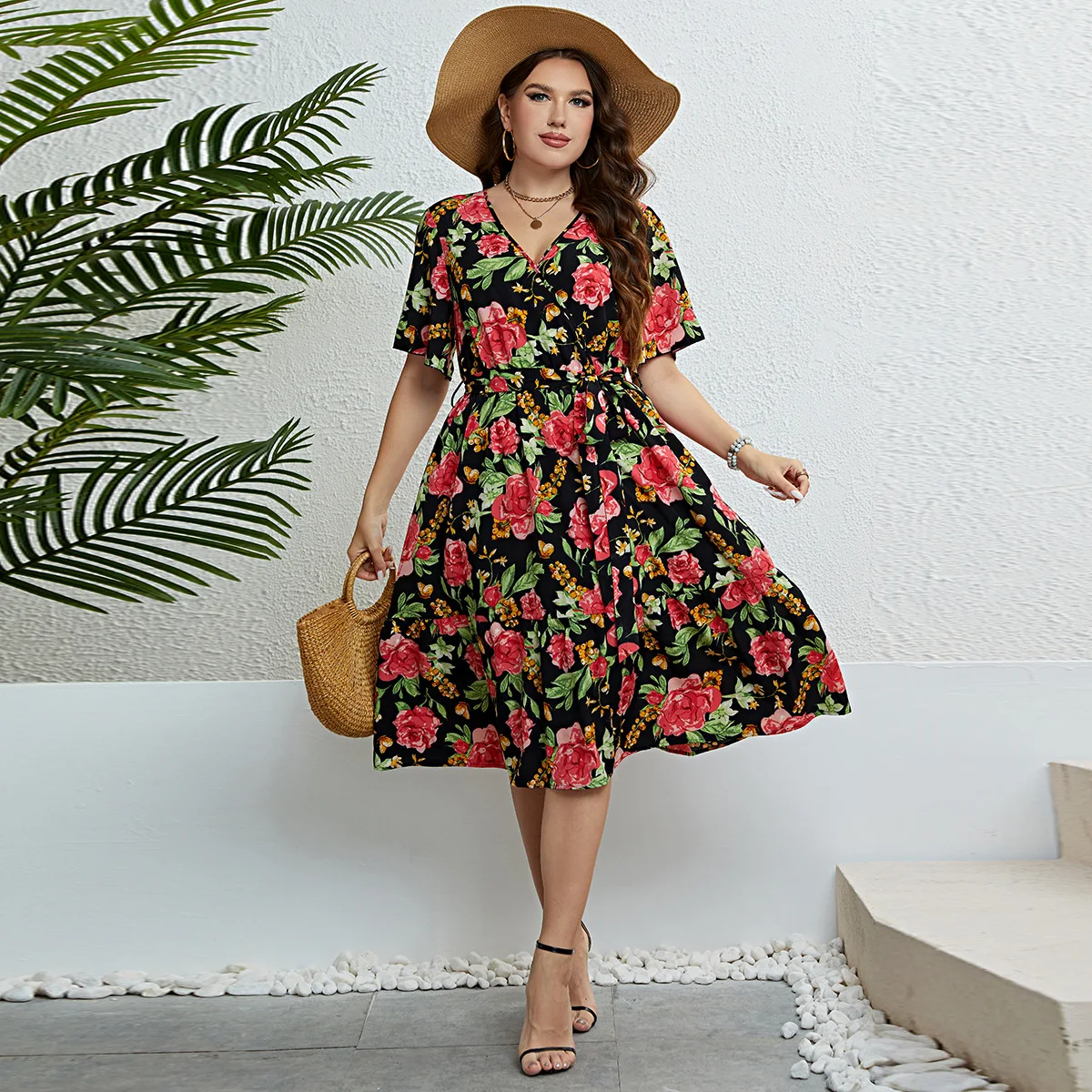 Plus Size Dress Short Sleeve Floral Black Dress Oversized High Waist Women Clothing Knee Length Casual V Neck