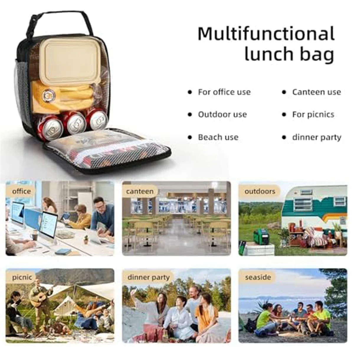 ABQR Lunch Box Borsa per il pranzo per uomo Donna Capacità Lunchbox Borse per il pranzo riutilizzabili Borsa per il pranzo isolata Lunch Box Cooler (Nero)