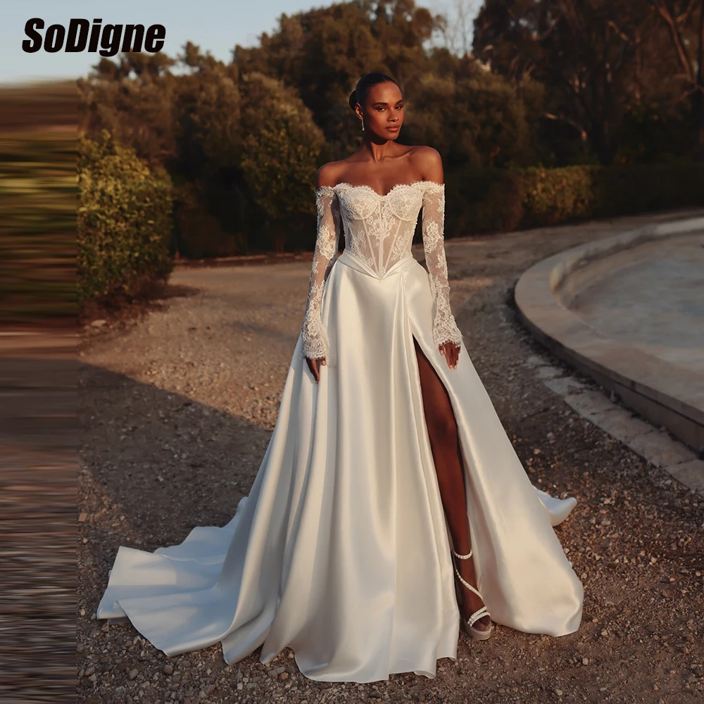 

﻿ SoDigne A-line Satin/Lace Wedding Dresses Off Shoulder Bridal Dress 2026 Split Bride Gown vestidos de novia Customized