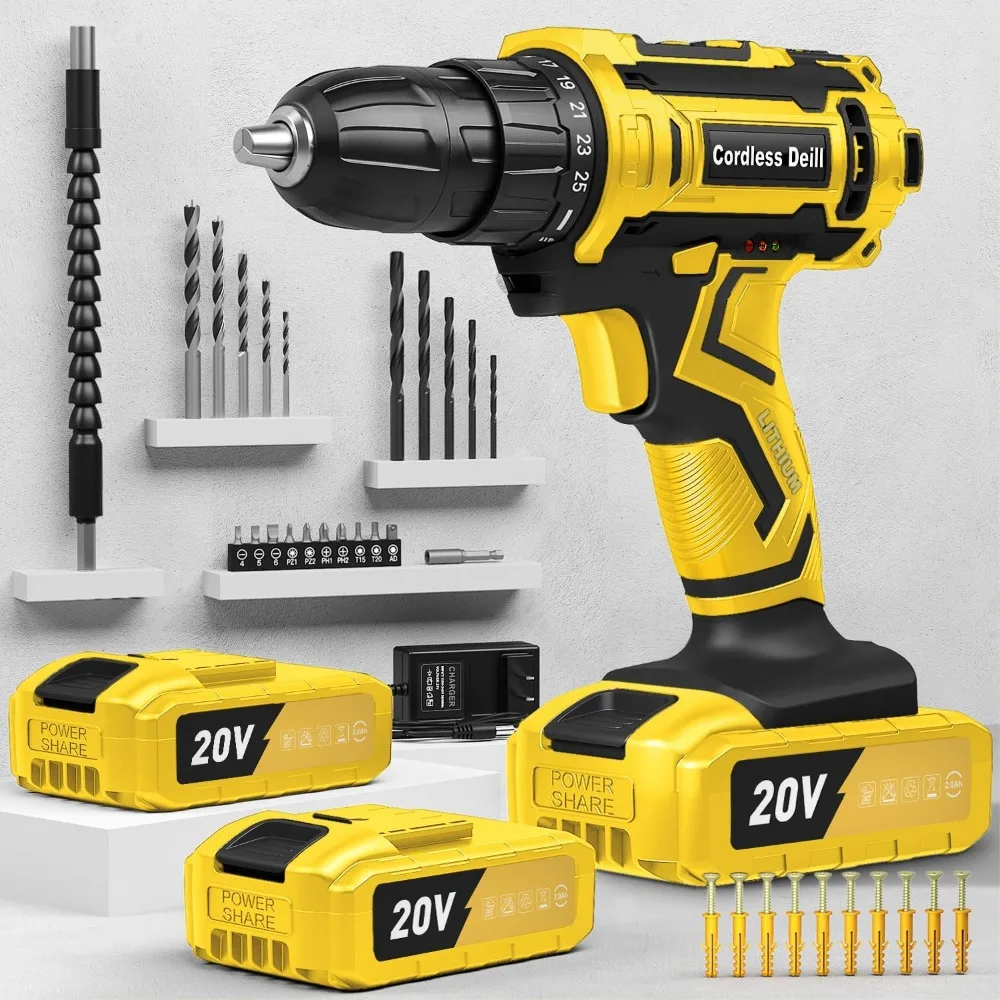 

Cordless Drill Set, 20V Power Drill with 2 Batteries and Charger, Electric Drill, 25+1 Torque Setting, Led, 370 in-lb Torque