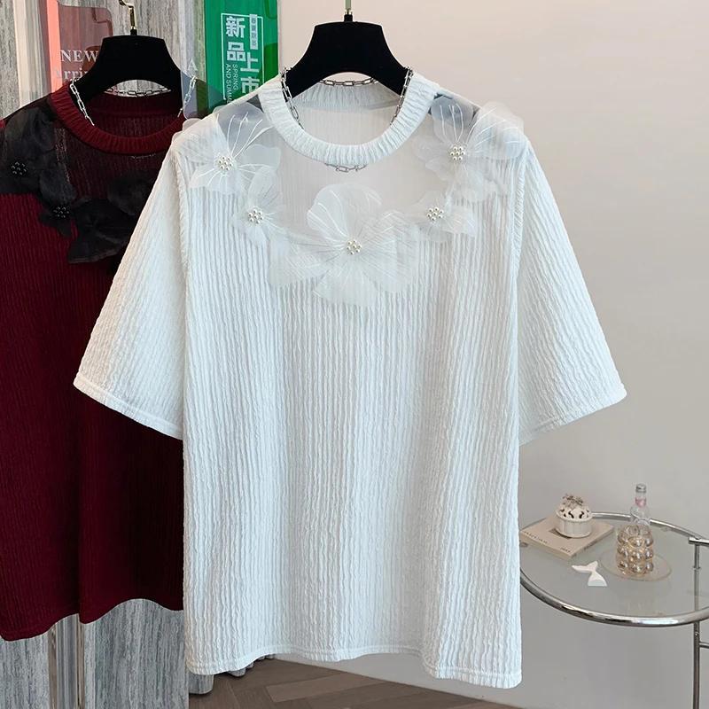 

SuperAen новая летняя элегантная тонкая футболка с короткими рукавами и вышитыми расклешенными кружевными цветами в стиле пэчворк