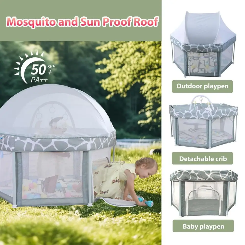 50個の折りたたみ式プレイペン（マット付き）、取り外し可能なベビーベッド＆プレイテント、幼児用屋内外日よけ＆蚊よけ
