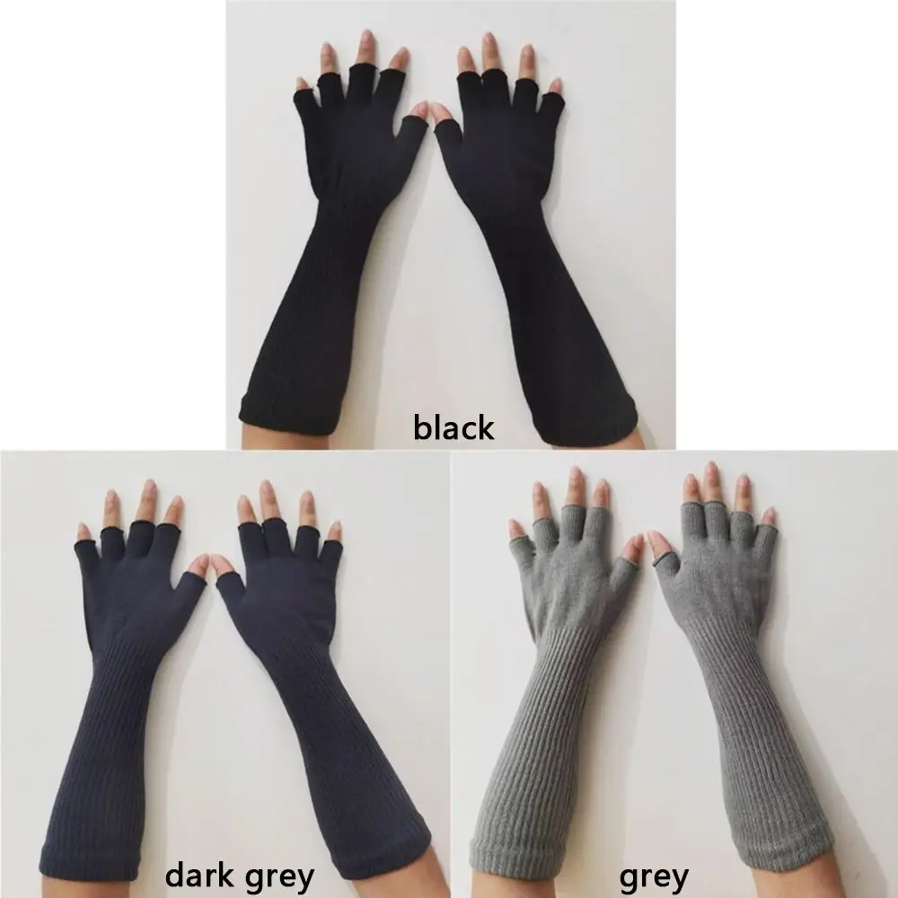 1 Pair Long Knitted Unisex Half Finger Gloves Women Girls Autumn Winter Arm Warmers Pure Black Elbow Long Warm Work Gloves