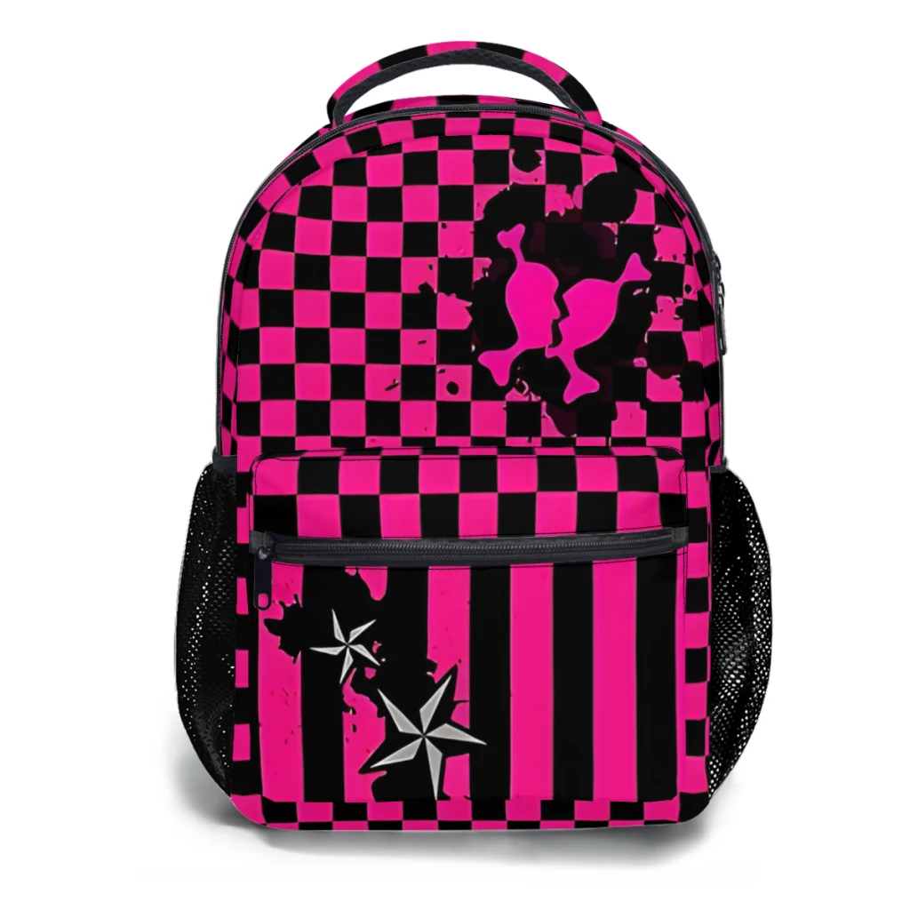 Punky rosa emo impresso mochila casual leve, mochila infantil de 17"