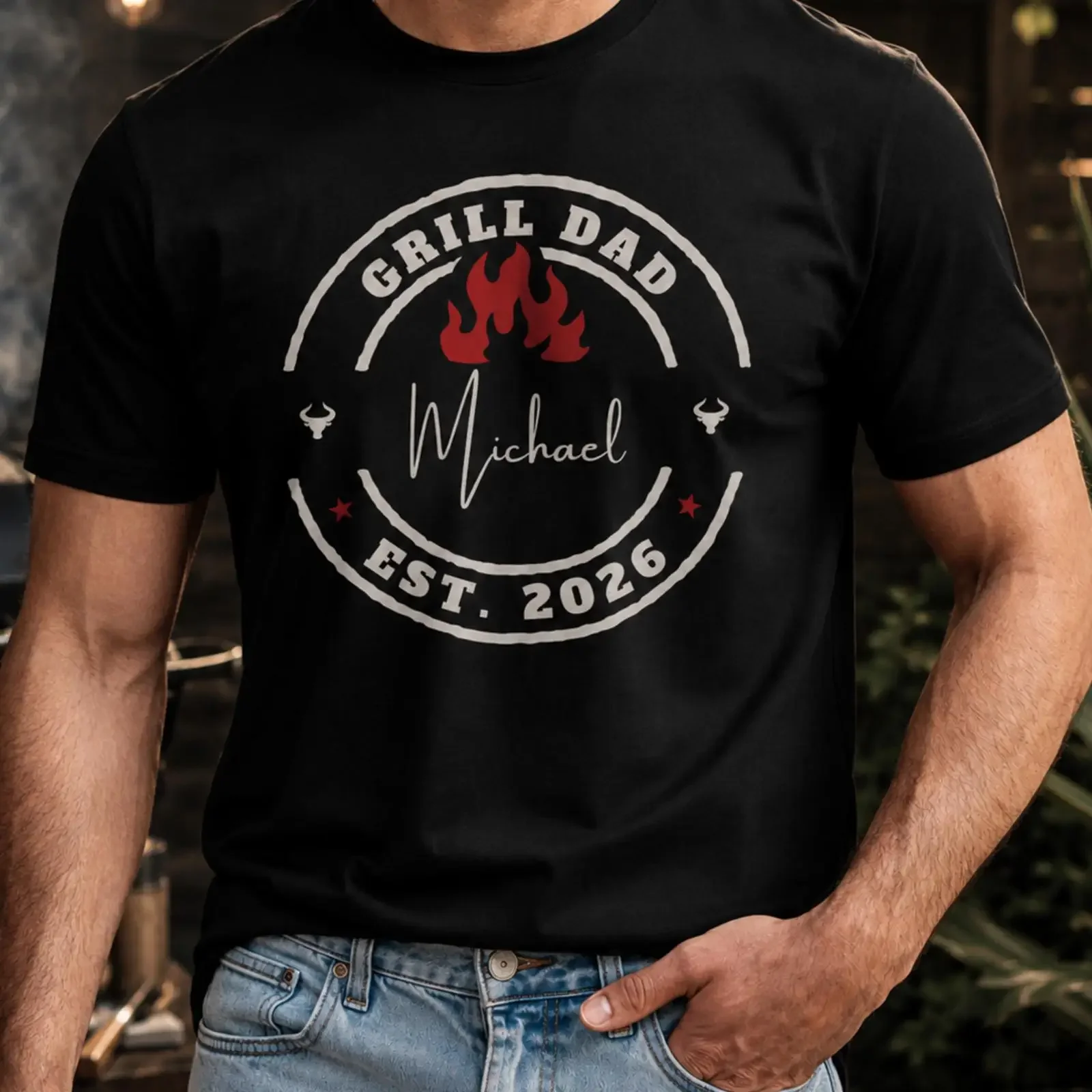 Custom Grill Dad T Shirt Personalized Name Year BBQ Grillmaster Fathers Day For Papa Men Outdoor Barbecue Casual vintage