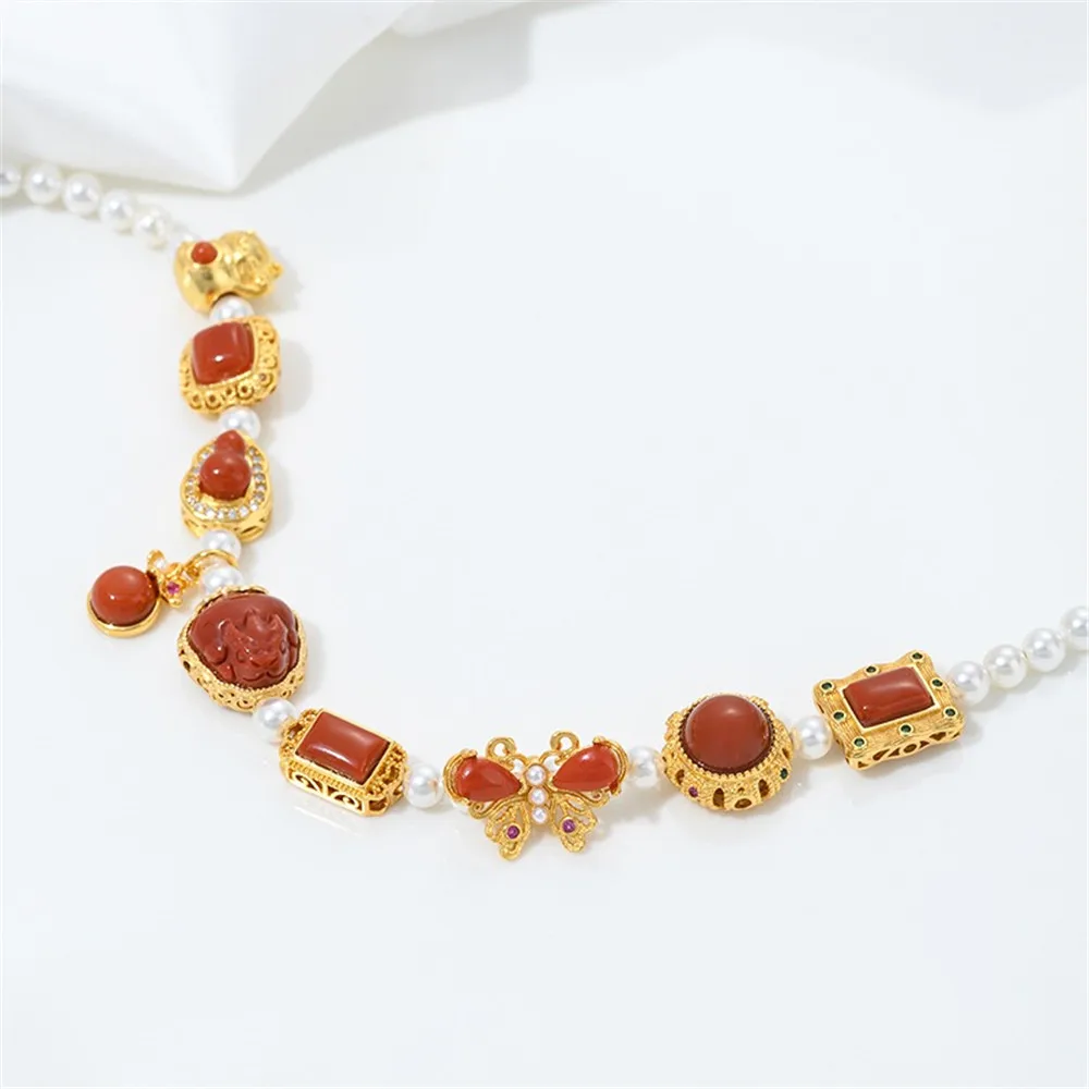 

Z433 24K Gold Plated, Inlaid with Nanhong Lucky Cat, Gourd, PI Xiu, Butterfly Ring Face, Multi-hole Beaded Jewelry Accessory