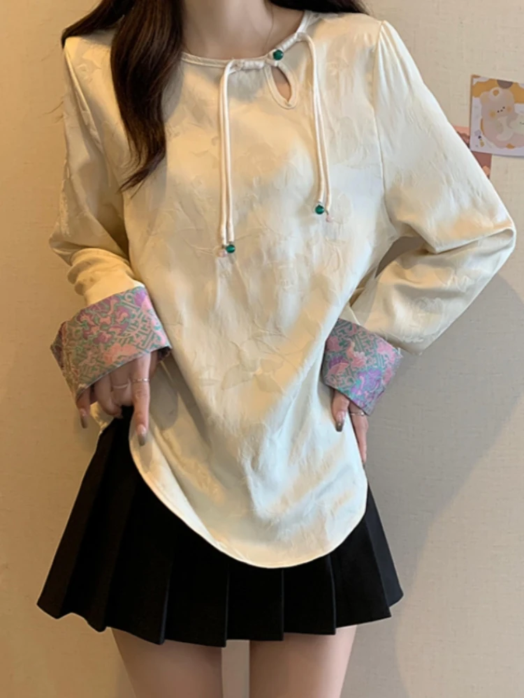 New Chinese Style Button up Shirt Women's Spring Autumn plus Size Slimming Design Korean Style round Neck Long Sleeve T-shirt