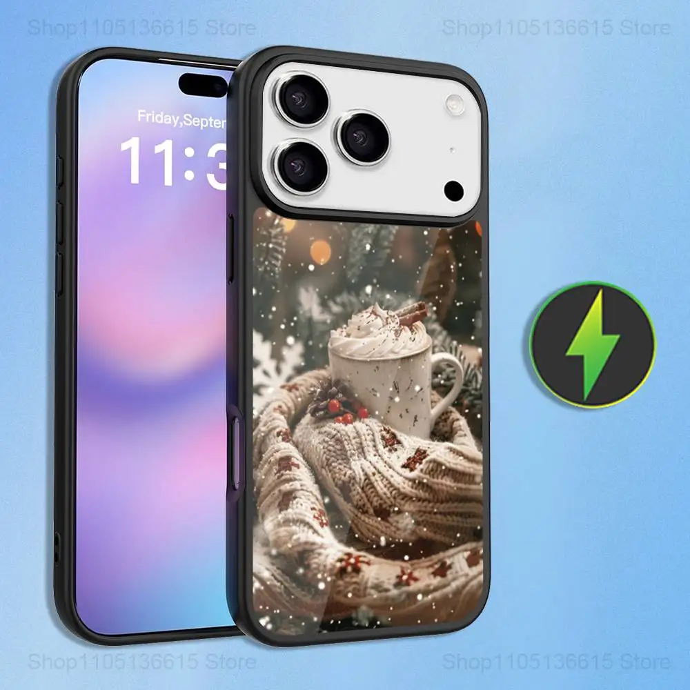 Casing Kopi Musim Dingin Seni Natal Untuk iPhone 16,15,17,14,13,12,11,Pro,Max,Plus,Air Mini,Magsafe,Casing Pengisian Daya Nirkabel Magnetik
