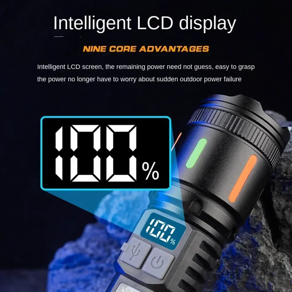 Foco de luz alta, linterna LED larga con luz lateral COB, luz roja y azul tipo C, carga rápida, antorcha ultrabrillante con zoom