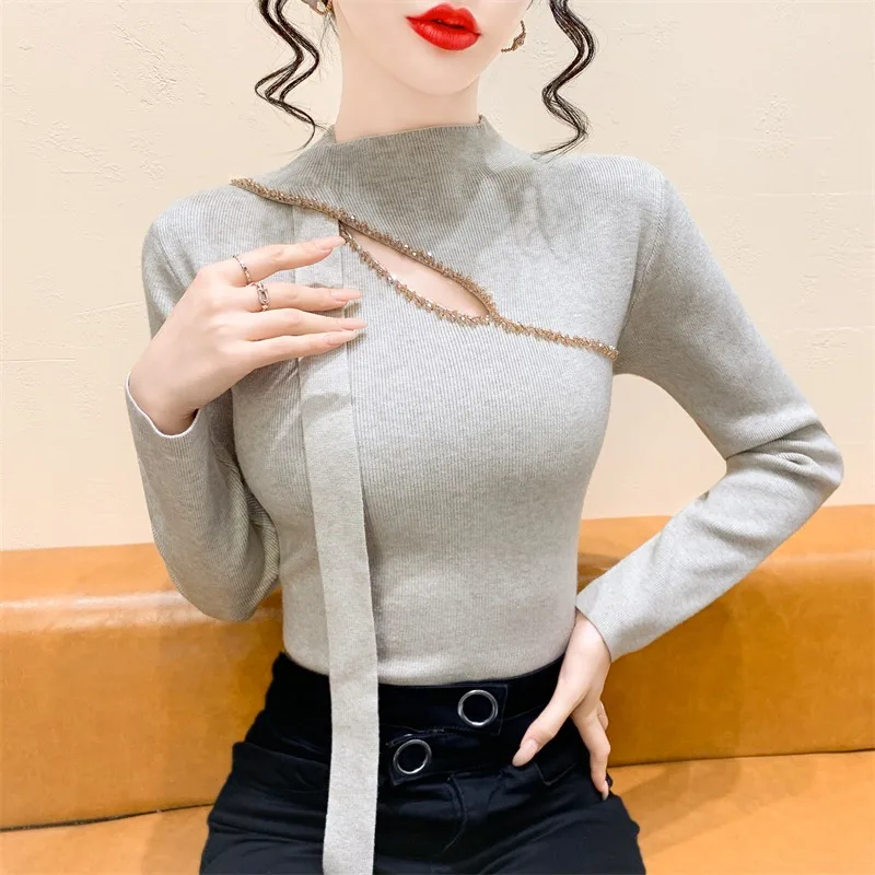 Ele oco para fora malhas feminino f gola alta sa camisola emagrecimento camada base outono inverno topo faion design