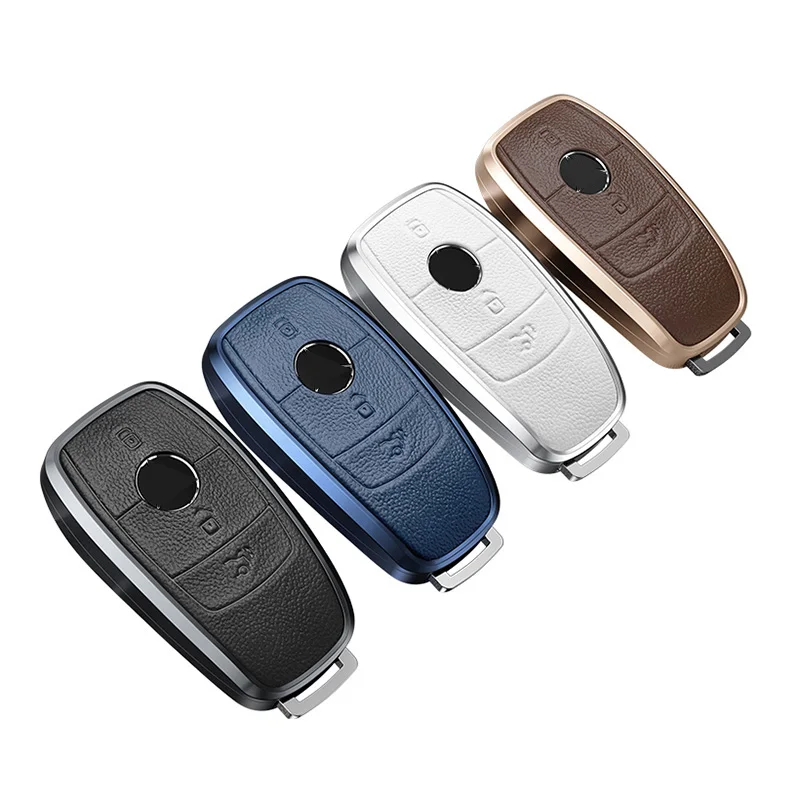 Aluminum Alloy Leather Car Key Case Cover for Mercedes-Benz A B C E G S Class CLA CLS GLA GLB GLC GLE GLS EQA EQB EQC 3 Buttons