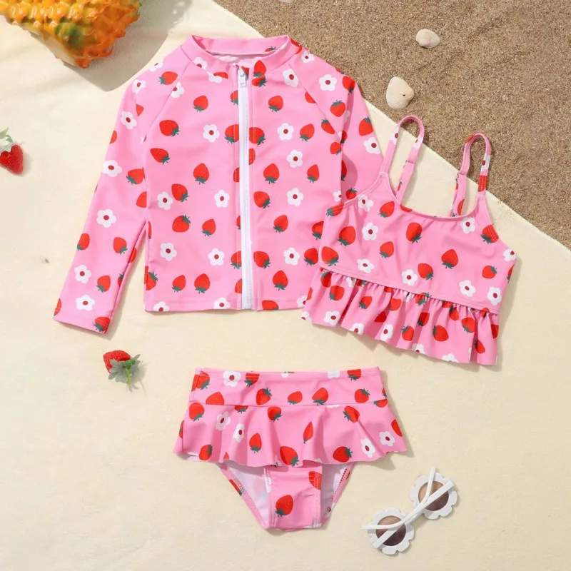 Kids Girls Swimsuit Three Piece Children's Swimwear Cute Strawberry Pattern Girl Beachwear Long Sleeve Kid Bathing Suits