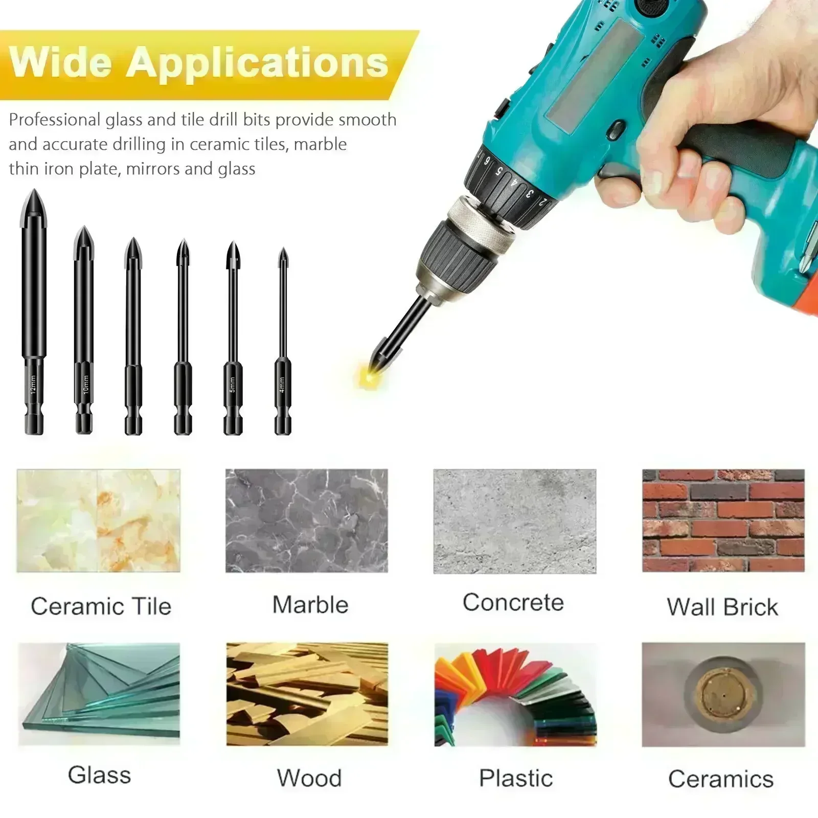 4/5/6/8/10 Cross Hex Tile Drill Bits Set For Glass Ceramic Concrete Carbide Hole Opener Brick Hard Alloy Triangle Bit Tool Kit