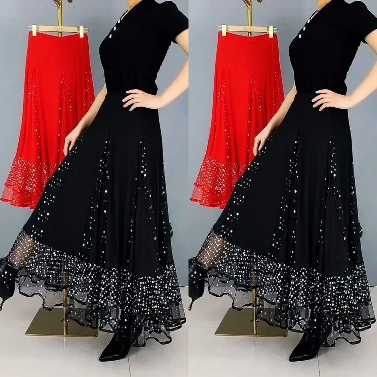 Four Seasons Sparkling Square Modern Social Dance Dazzling Skirt High End Pendant Half Length Skirt Dance Skirt Mother's Skirt